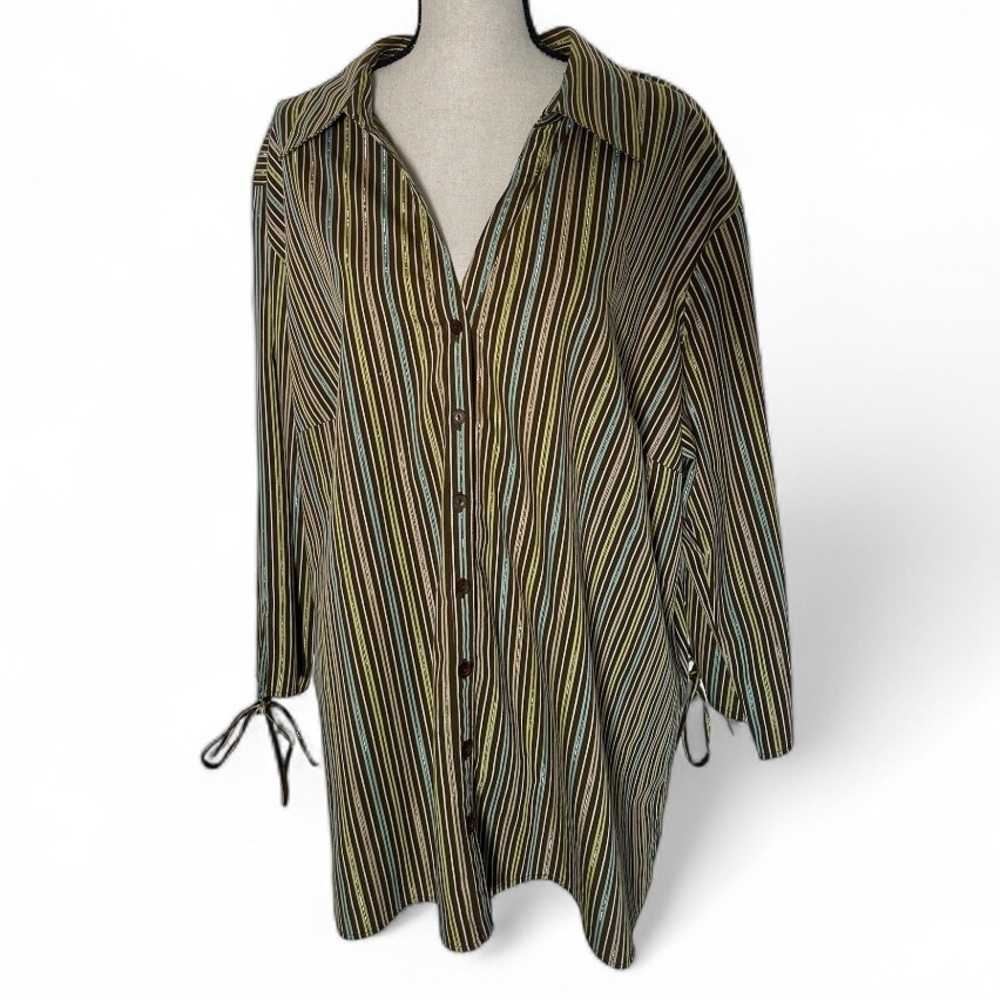 Valerie Stevens Woman 3X Button Down Shirt Brown Multi Stripe Long Sleeve